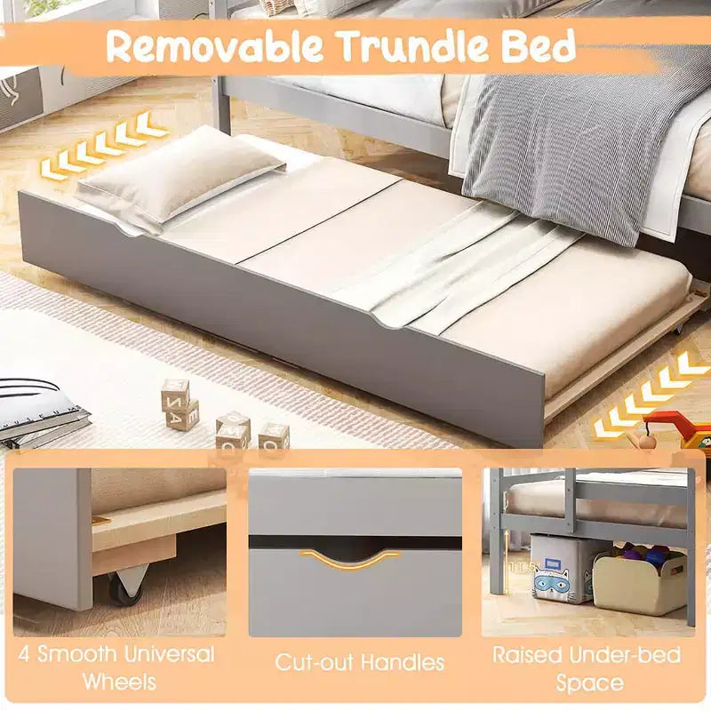 Letto a castello singolo su singolo con letto estraibile e scale con cassetti, 3 posti letto (espresso / grigio / bianco)
