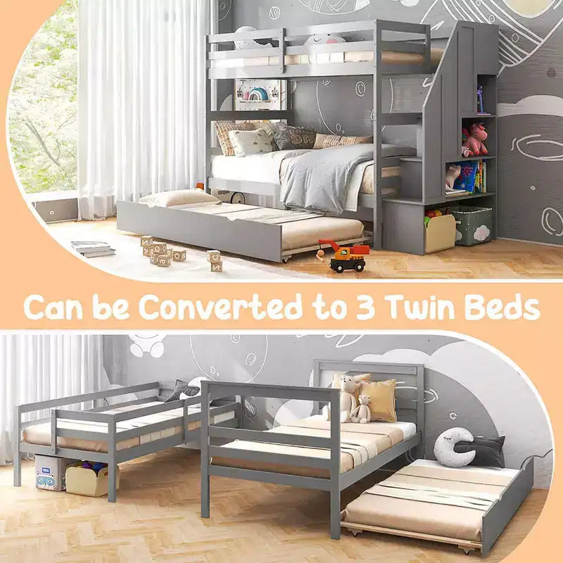 Letto a castello singolo su singolo con letto estraibile e scale con cassetti, 3 posti letto (espresso / grigio / bianco)