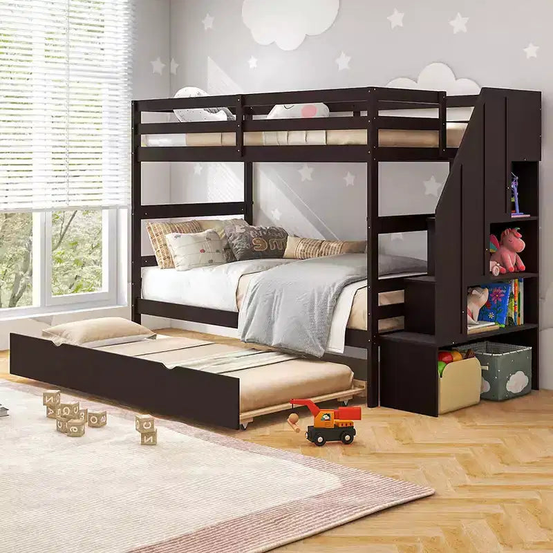 Letto a castello singolo su singolo con letto estraibile e scale con cassetti, 3 posti letto (espresso / grigio / bianco)