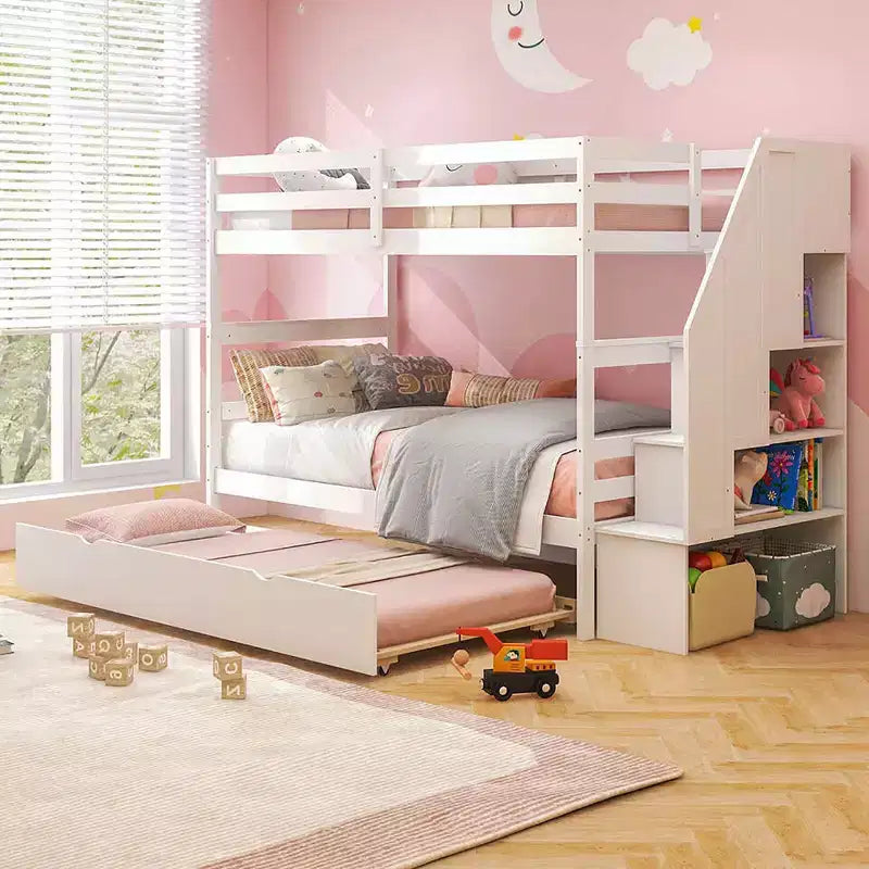 Letto a castello singolo su singolo con letto estraibile e scale con cassetti, 3 posti letto (espresso / grigio / bianco)