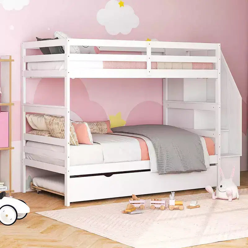Letto a castello singolo su singolo con letto estraibile e scale con cassetti, 3 posti letto (espresso / grigio / bianco)