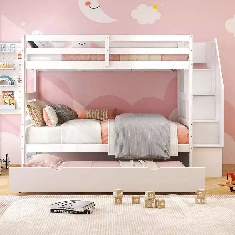 Letto a castello singolo su singolo con letto estraibile e scale con cassetti, 3 posti letto (espresso / grigio / bianco)