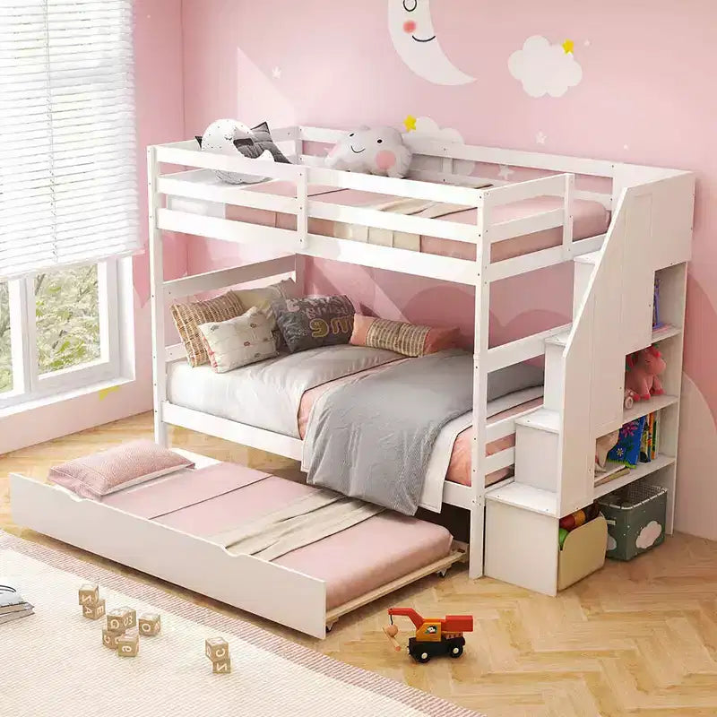 Letto a castello singolo su singolo con letto estraibile e scale con cassetti, 3 posti letto (espresso / grigio / bianco)