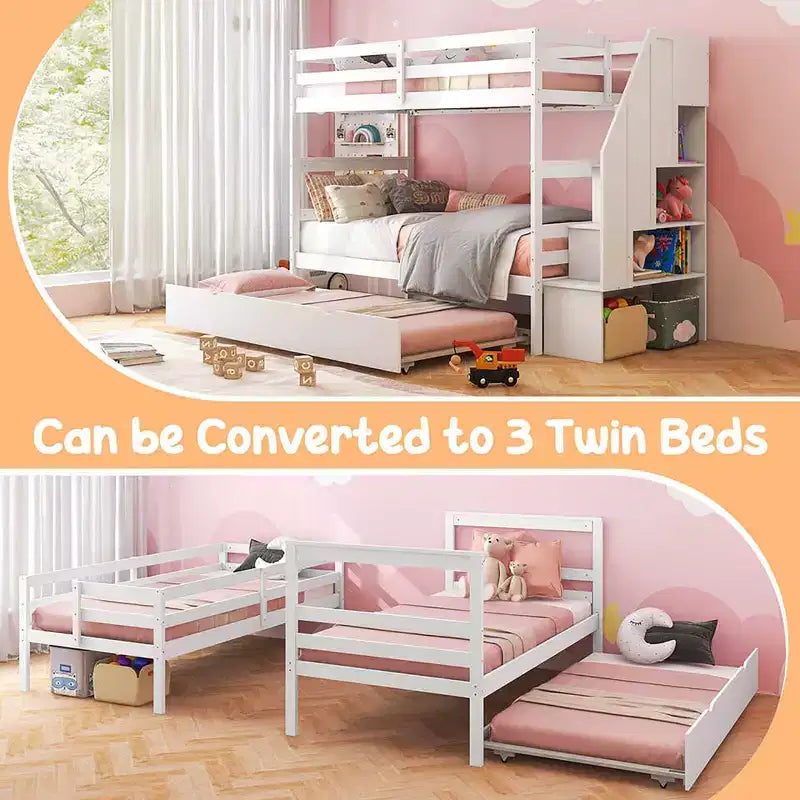 Letto a castello singolo su singolo con letto estraibile e scale con cassetti, 3 posti letto (espresso / grigio / bianco)