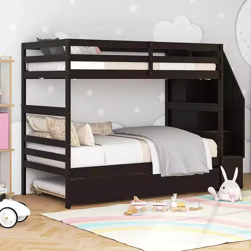 Letto a castello singolo su singolo con letto estraibile e scale con cassetti, 3 posti letto (espresso / grigio / bianco)