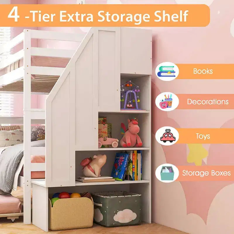 Letto a castello singolo su singolo con letto estraibile e scale con cassetti, 3 posti letto (espresso / grigio / bianco)