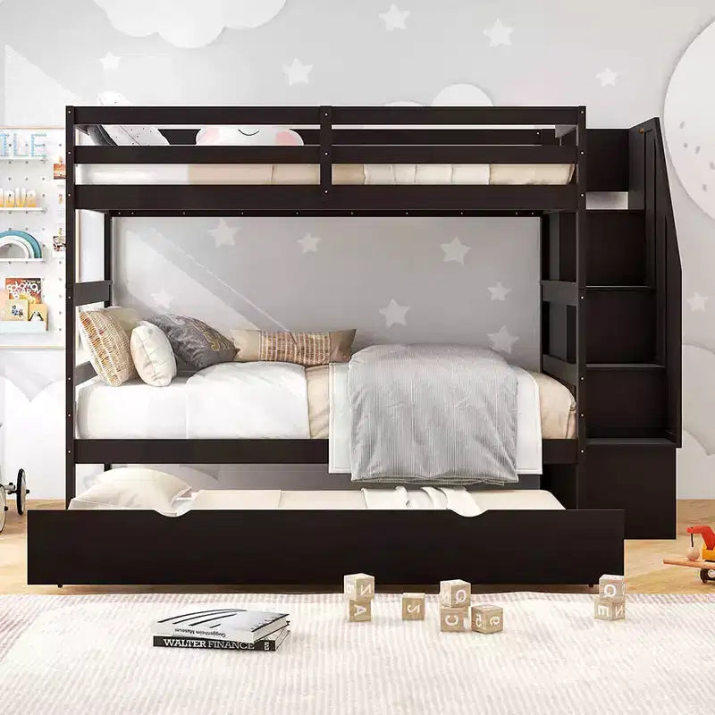Letto a castello singolo su singolo con letto estraibile e scale con cassetti, 3 posti letto (espresso / grigio / bianco)