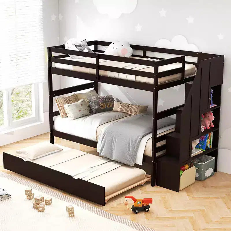 Letto a castello singolo su singolo con letto estraibile e scale con cassetti, 3 posti letto (espresso / grigio / bianco)