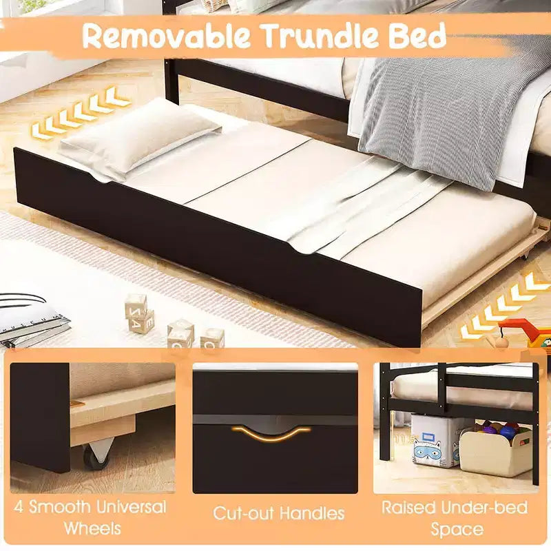 Letto a castello singolo su singolo con letto estraibile e scale con cassetti, 3 posti letto (espresso / grigio / bianco)