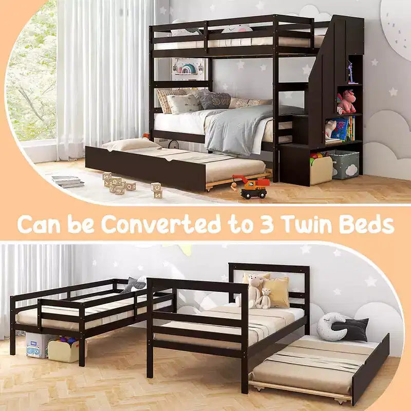 Letto a castello singolo su singolo con letto estraibile e scale con cassetti, 3 posti letto (espresso / grigio / bianco)