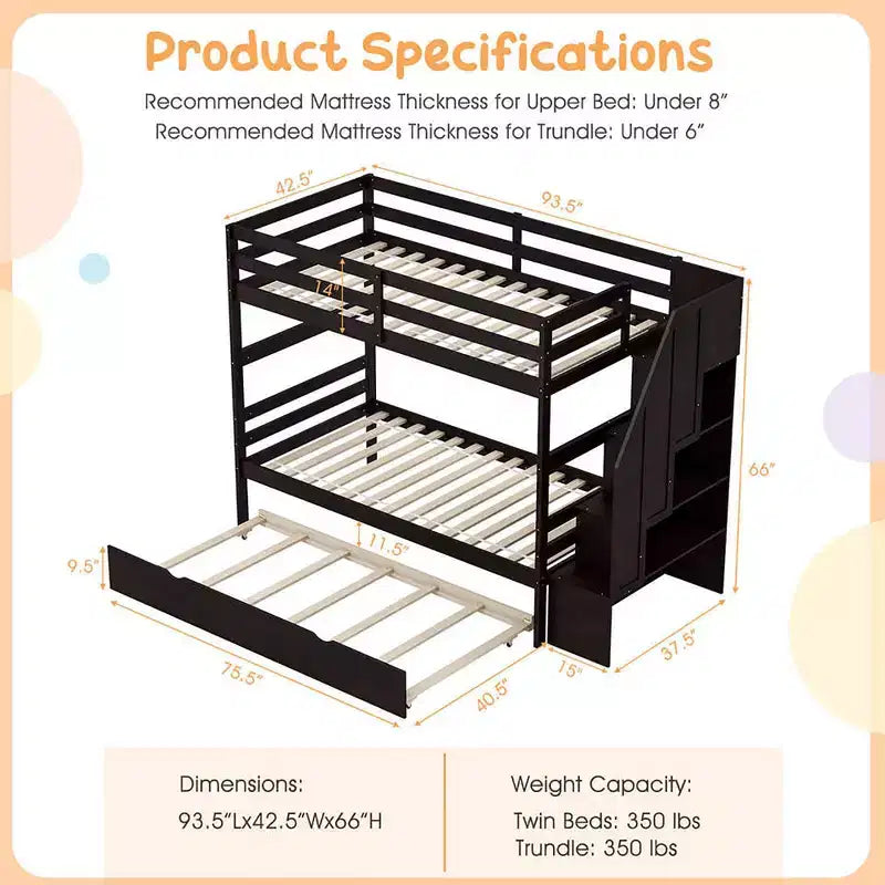 Letto a castello singolo su singolo con letto estraibile e scale con cassetti, 3 posti letto (espresso / grigio / bianco)