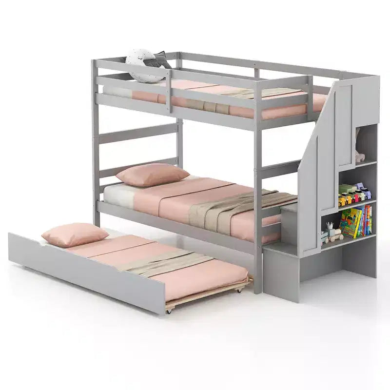 Letto a castello singolo su singolo con letto estraibile e scale con cassetti, 3 posti letto (espresso / grigio / bianco)