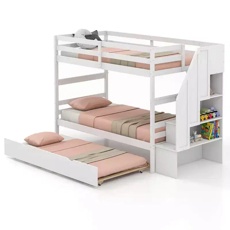 Letto a castello singolo su singolo con letto estraibile e scale con cassetti, 3 posti letto (espresso / grigio / bianco)