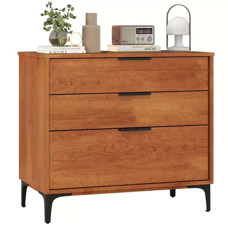 Costway 3-Drawer Dresser w/ Metal Support Legs & Anti-tipping Kit for Bedroom Cherry