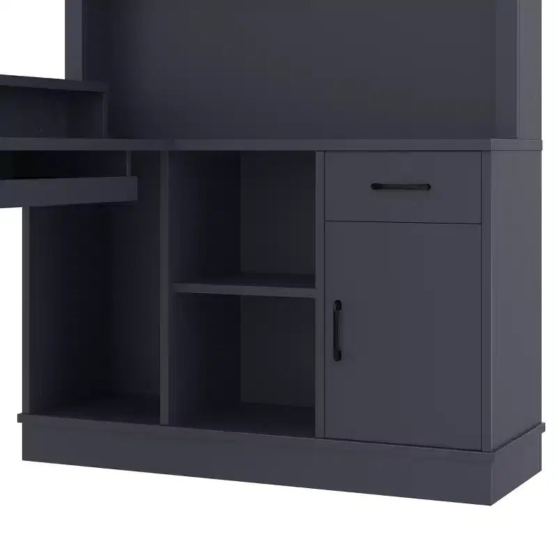 Scrivania angolare a L blu/bianca con presa, cassetti e libreria - 1 persona