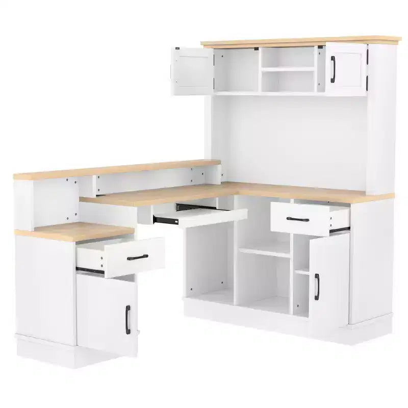 Scrivania angolare a L blu/bianca con presa, cassetti e libreria - 1 persona