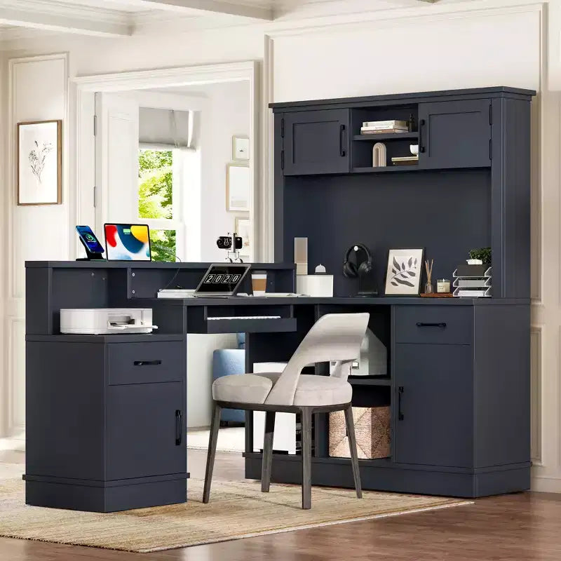 Scrivania angolare a L blu/bianca con presa, cassetti e libreria - 1 persona