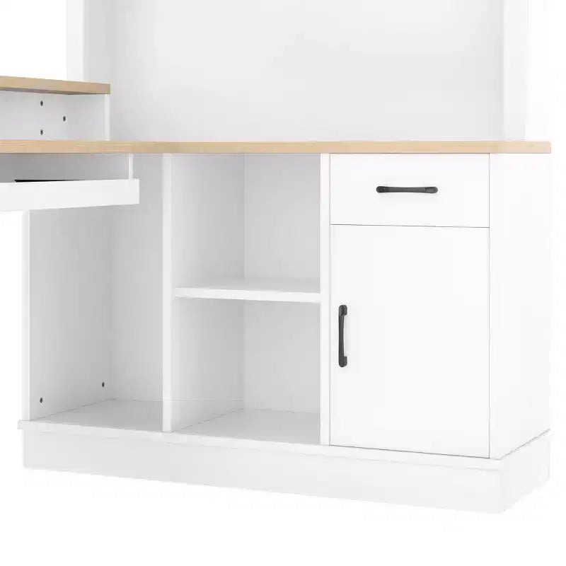 Scrivania angolare a L blu/bianca con presa, cassetti e libreria - 1 persona