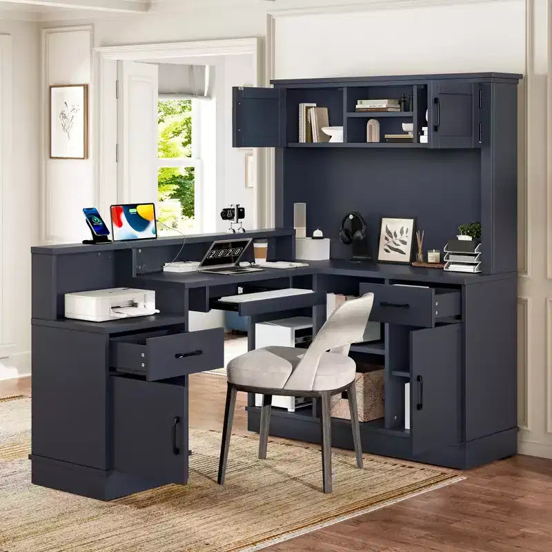 Scrivania angolare a L blu/bianca con presa, cassetti e libreria - 1 persona