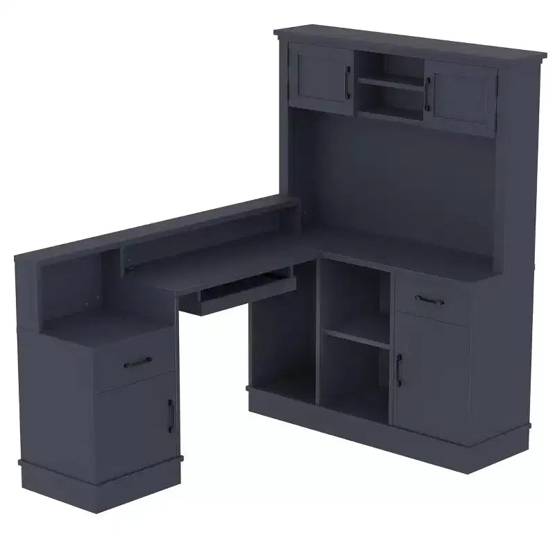 Scrivania angolare a L blu/bianca con presa, cassetti e libreria - 1 persona