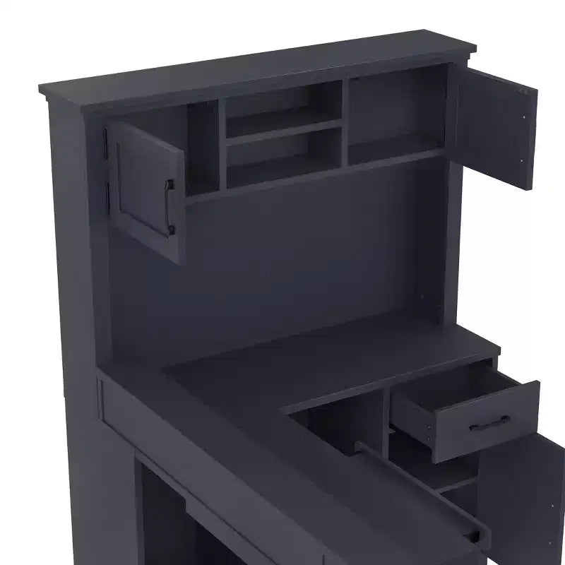 Scrivania angolare a L blu/bianca con presa, cassetti e libreria - 1 persona