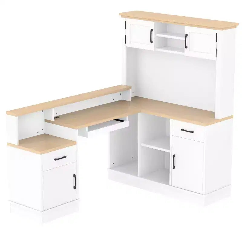 Scrivania angolare a L blu/bianca con presa, cassetti e libreria - 1 persona