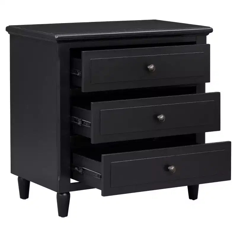 Comodino a 3 cassetti nero/marrone/bianco con maniglie in metallo – Assemblaggio da 1 persona