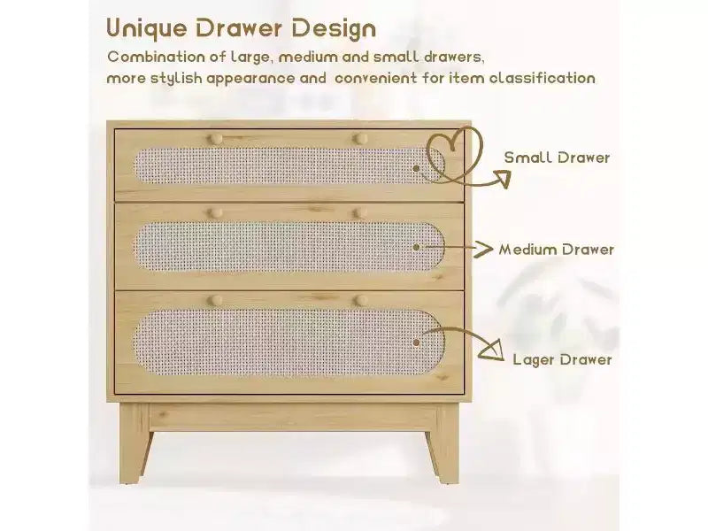 Marrone Naturale, Stile Moderno, Comò in Rattan a 3 Cassetti, Set da 2