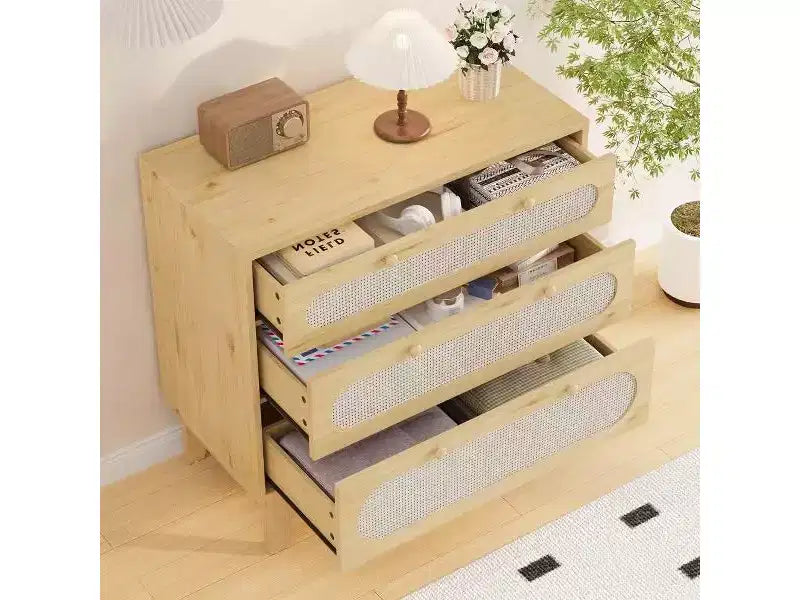 Marrone Naturale, Stile Moderno, Comò in Rattan a 3 Cassetti, Set da 2