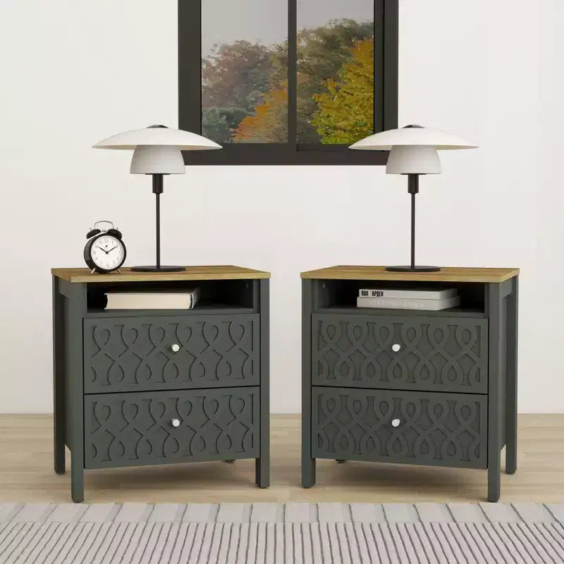 Comodino moderno a 2 cassetti con ripiano aperto, set da 2, vari colori