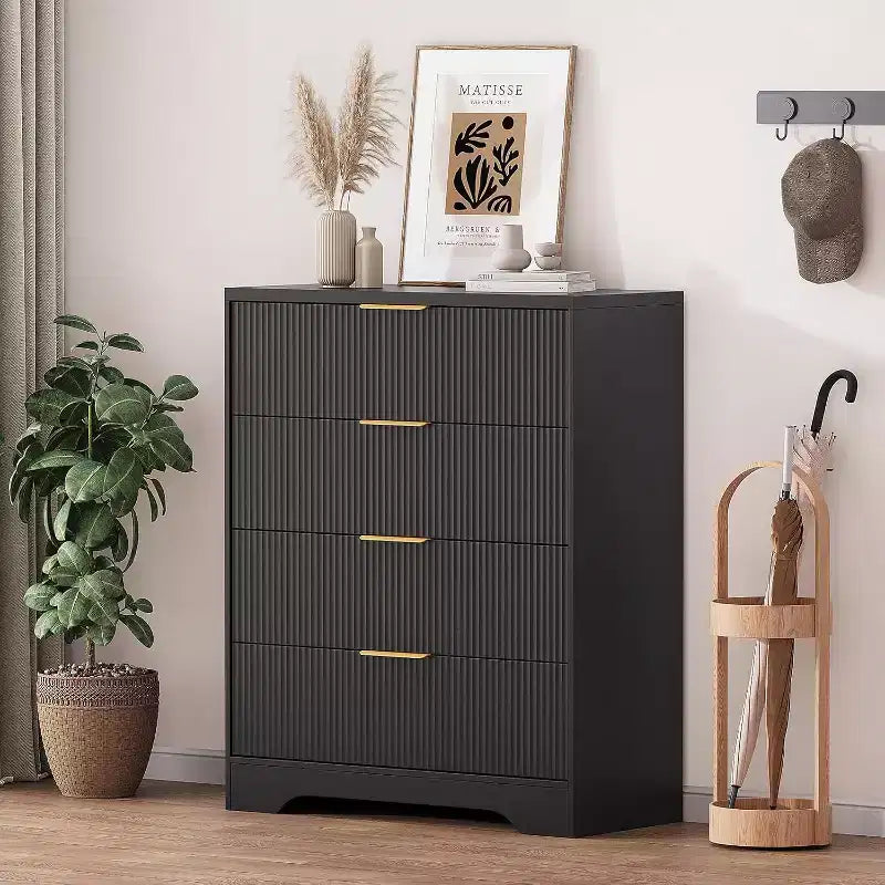55 White Wave Panel 4-Drawer Dresser, Tall Storage Cabinet with Wood Tone Finish, Multi-Functional Organizer for Nursery Hallway Living Room