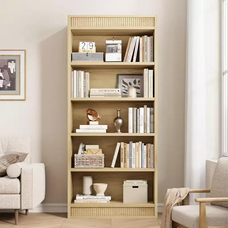 Marrone / Natura / Bianco Libreria a 5 Ripiani con Design Scanalato, Autoportante, Montaggio da 1 Persona