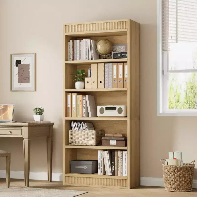 Marrone / Natura / Bianco Libreria a 5 Ripiani con Design Scanalato, Autoportante, Montaggio da 1 Persona