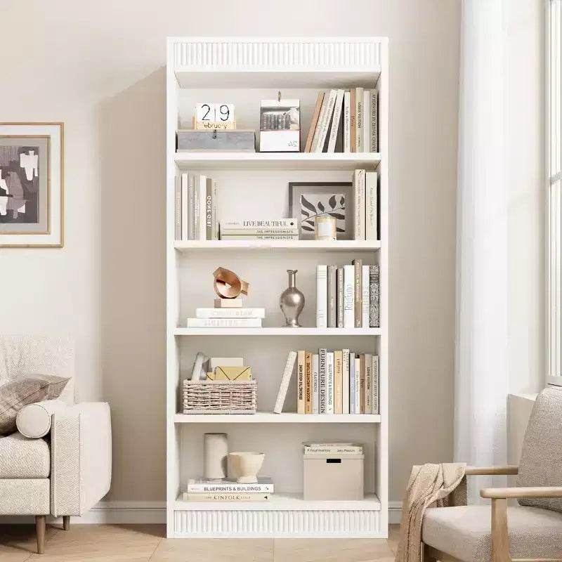 Marrone / Natura / Bianco Libreria a 5 Ripiani con Design Scanalato, Autoportante, Montaggio da 1 Persona