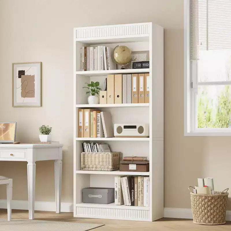 Marrone / Natura / Bianco Libreria a 5 Ripiani con Design Scanalato, Autoportante, Montaggio da 1 Persona