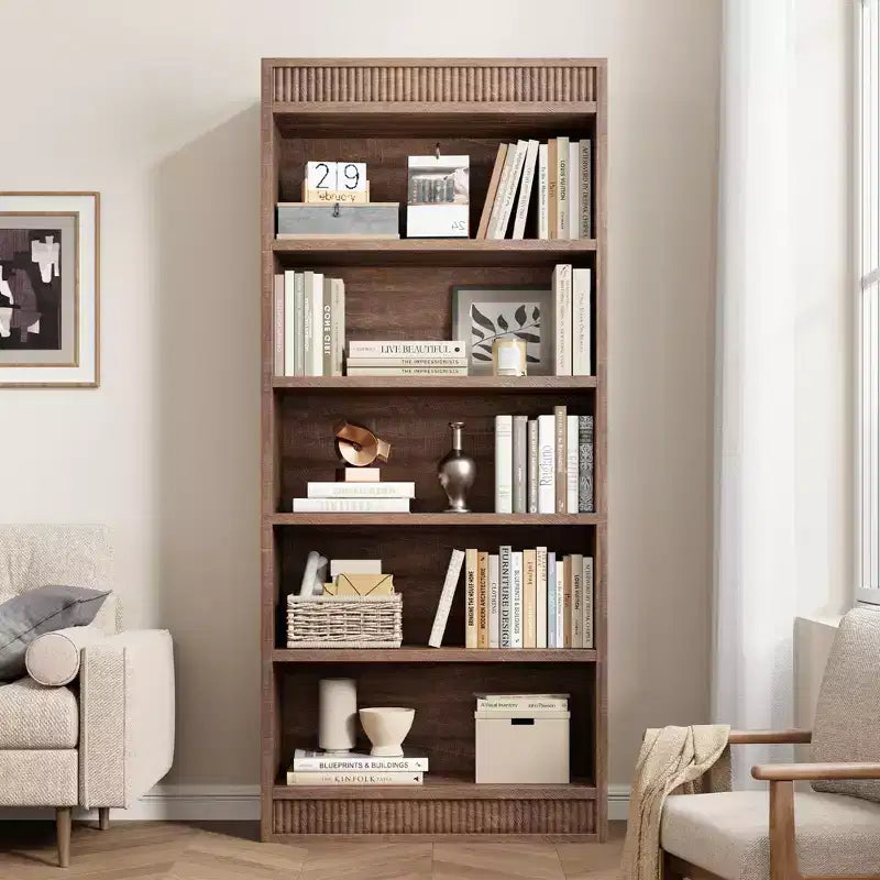 Marrone / Natura / Bianco Libreria a 5 Ripiani con Design Scanalato, Autoportante, Montaggio da 1 Persona