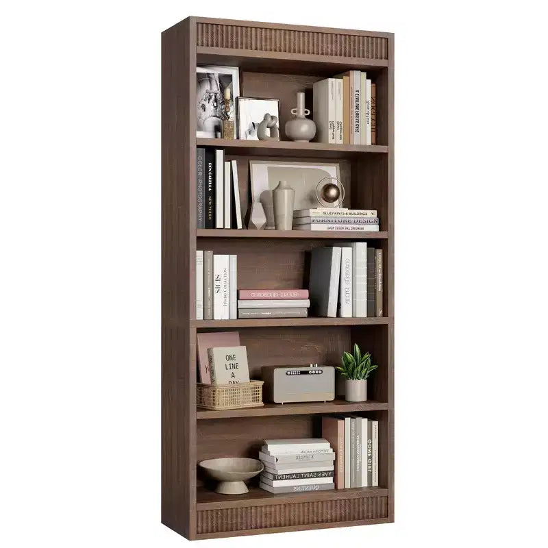 71 Farmhouse Bookcase w/Double Fluted Design, 5 Tier Tall Bookshelf with Wooden Base, Wooden Bookshelf