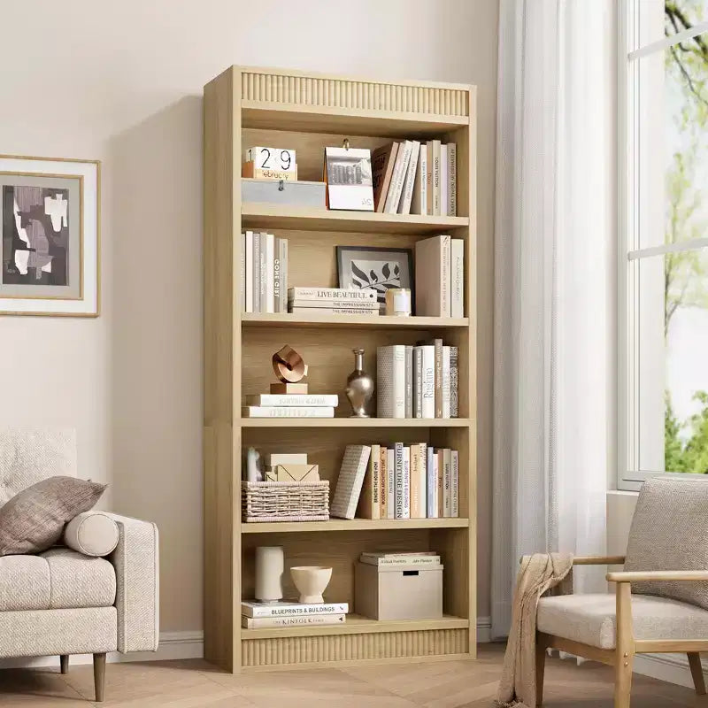 Marrone / Natura / Bianco Libreria a 5 Ripiani con Design Scanalato, Autoportante, Montaggio da 1 Persona
