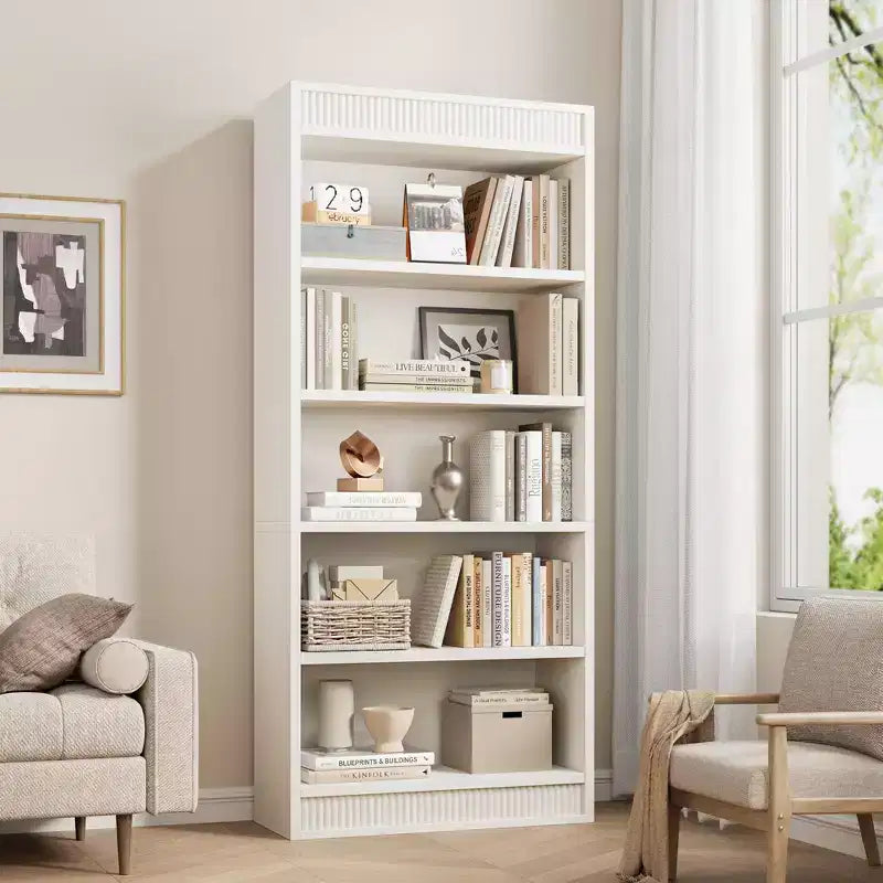 Marrone / Natura / Bianco Libreria a 5 Ripiani con Design Scanalato, Autoportante, Montaggio da 1 Persona