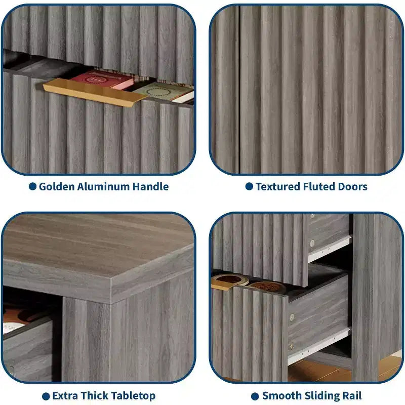 Credenza a Buffet Scanalata, Beige/Grigio, 2 Ante 3 Cassetti