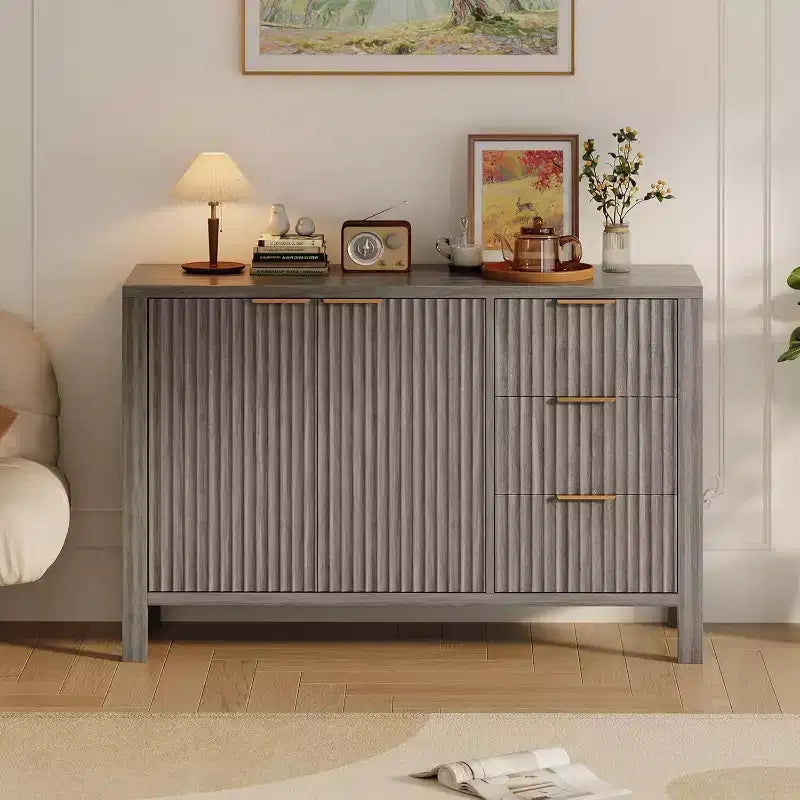 Credenza a Buffet Scanalata, Beige/Grigio, 2 Ante 3 Cassetti