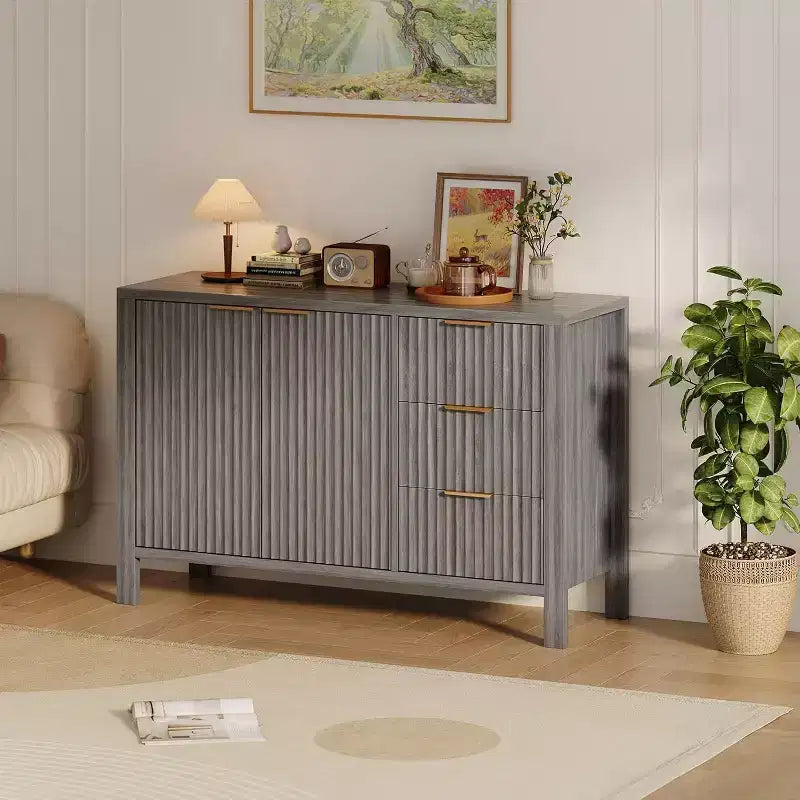 Credenza a Buffet Scanalata, Beige/Grigio, 2 Ante 3 Cassetti