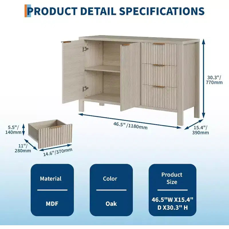 Credenza a Buffet Scanalata, Beige/Grigio, 2 Ante 3 Cassetti