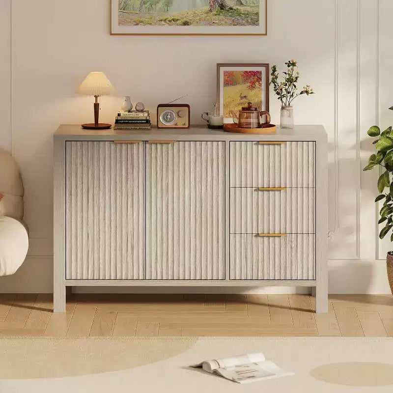 Credenza a Buffet Scanalata, Beige/Grigio, 2 Ante 3 Cassetti