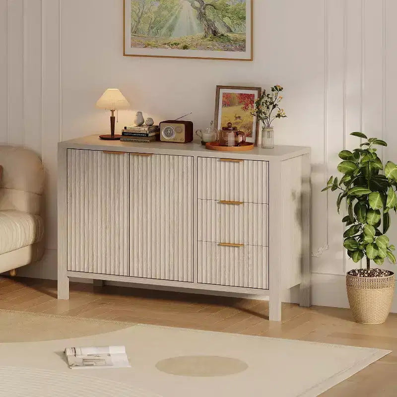 Credenza a Buffet Scanalata, Beige/Grigio, 2 Ante 3 Cassetti