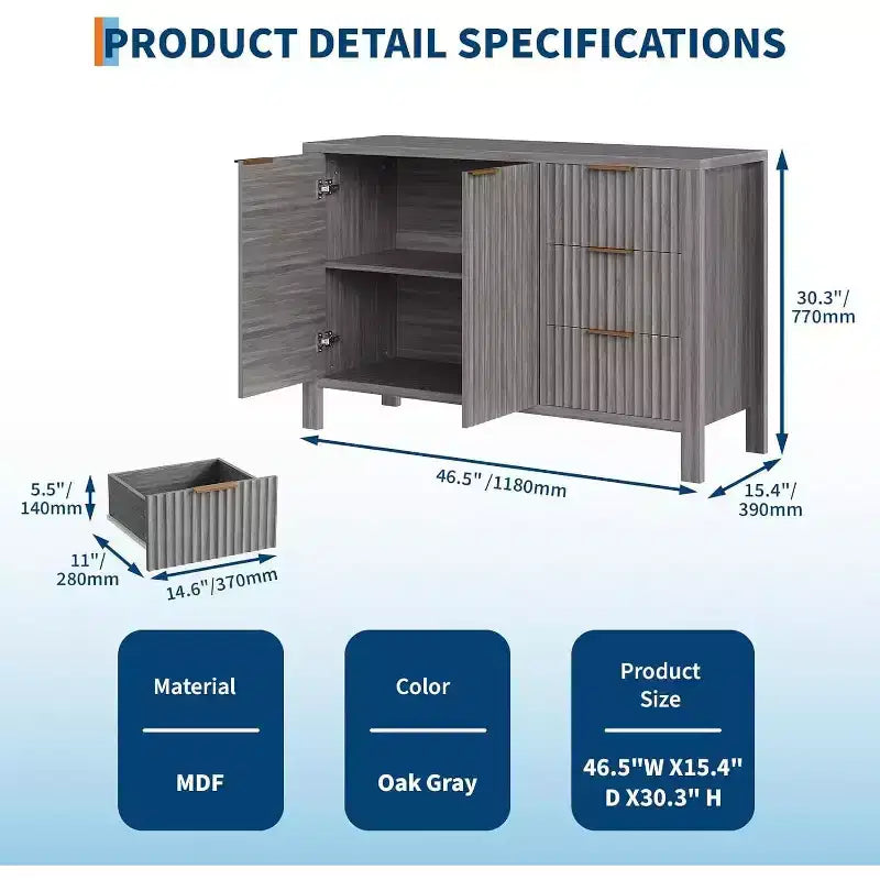 Credenza a Buffet Scanalata, Beige/Grigio, 2 Ante 3 Cassetti