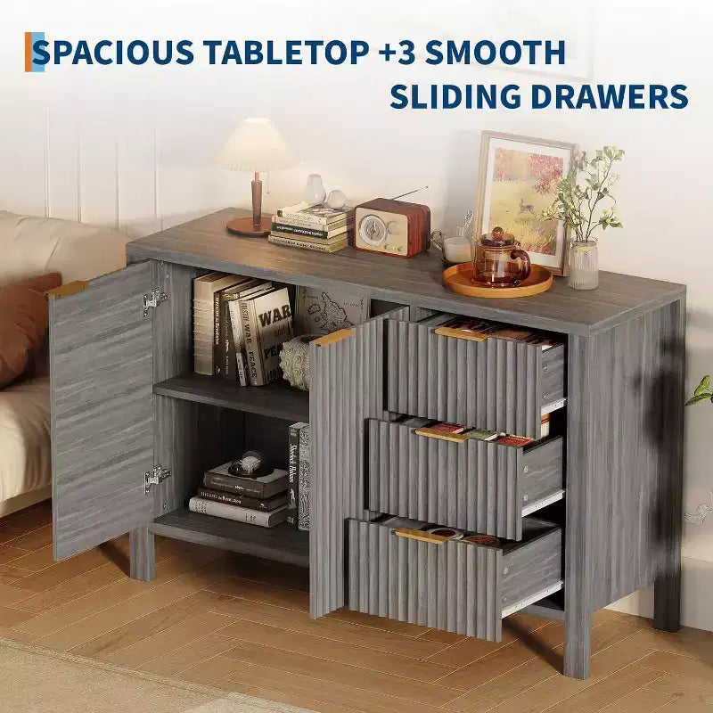 Credenza a Buffet Scanalata, Beige/Grigio, 2 Ante 3 Cassetti
