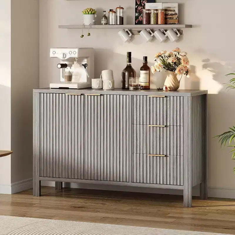 Credenza a Buffet Scanalata, Beige/Grigio, 2 Ante 3 Cassetti