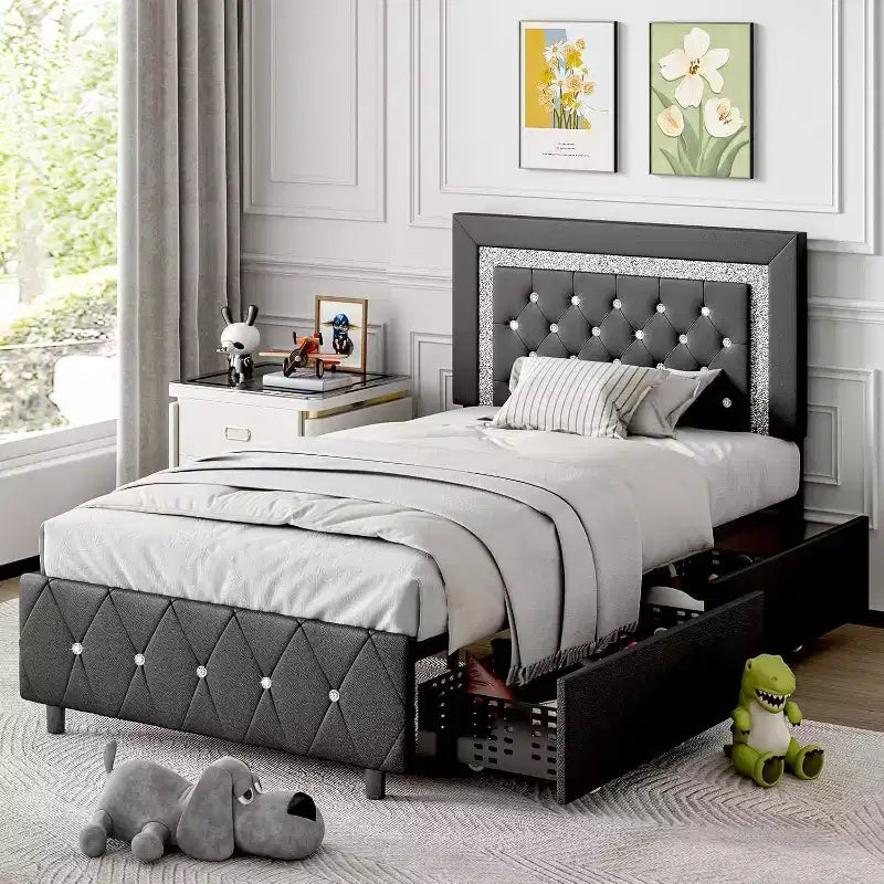Bed Frames with LED Lights and Storage Drawers, Upholstered Bed Frame with Diamond Headboard, No Box Spring Needed