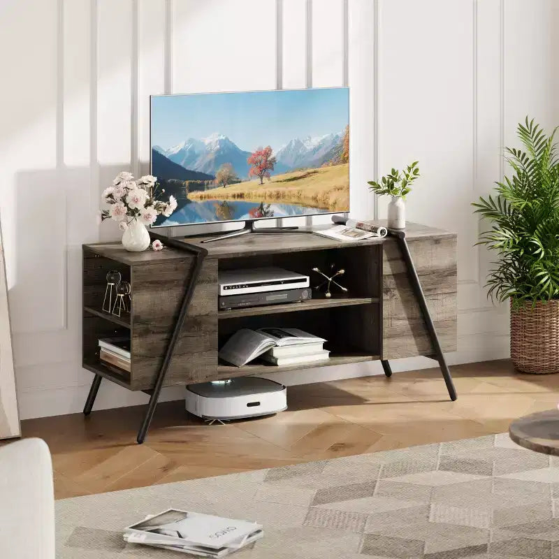 Mobile TV Marrone Rustico / Grigio con Piedini a U, Ripiani Regolabili, 47" e 55", Montaggio a 1 Persona